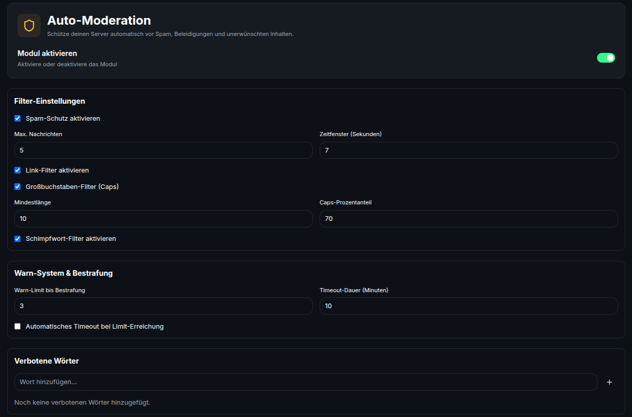 Screenshot: AutoMod-Einstellungen im Lythea-Dashboard mit Spam-, Link- und Caps-Filter