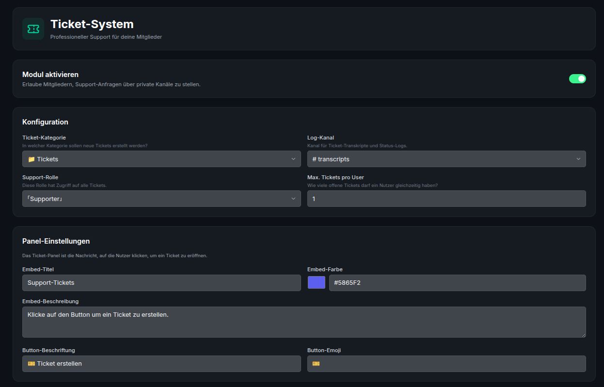 Screenshot: Ticket-System im Lythea-Dashboard mit Kategorien und Team-Rollen