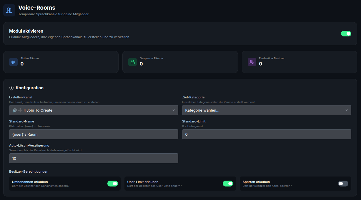 Screenshot: Voice-Room-Einstellungen im Lythea-Dashboard mit Join-to-Create-Kanal